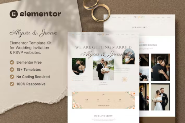 Alycia & Jevan – 婚礼邀请和 RSVP Elementor 模板套件-极客小站