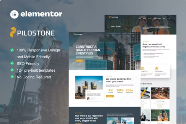 Pilostone – 建筑和建筑服务 Elementor 模板套件-极客小站