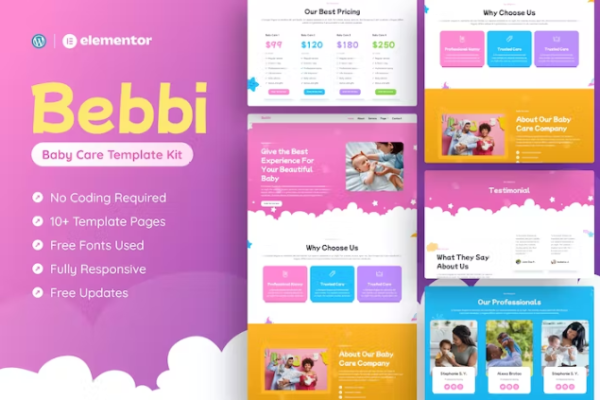 Bebbi – 创意婴儿护理 Elementor Pro 模板套件-极客小站