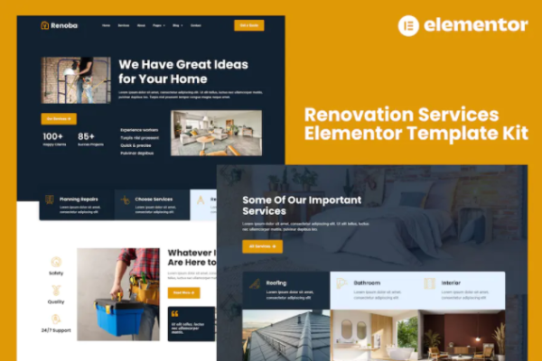 Renoba – 装修服务 Elementor 模板套件-极客小站
