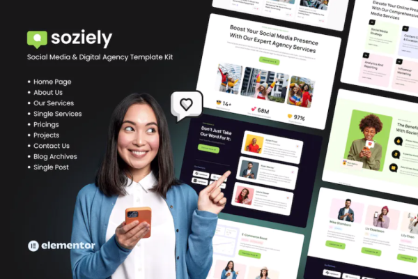 soziely | 社交媒体和数字营销机构 Elementor 模板套件-极客小站