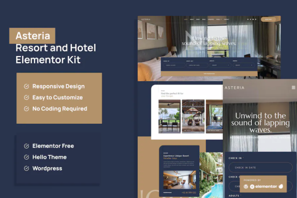 Asteria – 度假村和酒店 Elementor 模板套件-极客小站