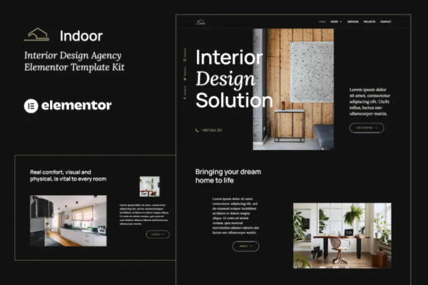 indoor – 深色室内设计与建筑机构 Elementor 模板套件-极客小站