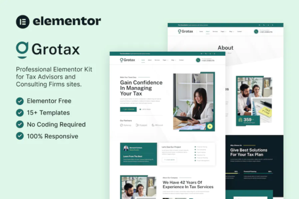 Grotax – 税务顾问和咨询公司 Elementor 模板套件-极客小站