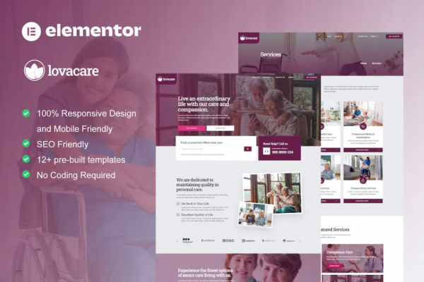 LovaCare – 高级护理服务 Elementor 模板套件-极客小站