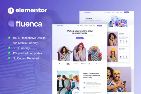 Fluenca – 社交媒体代理 Elementor Pro 完整网站模板套件-极客小站