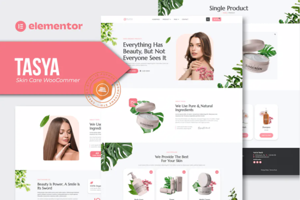 Tasya – 皮肤护理 WooCommerce Elementor 模板套件-极客小站