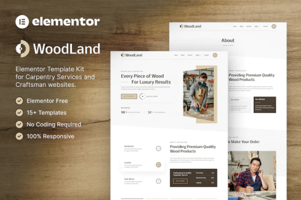 WoodLand – Carpenter & Craftsman Elementor 模板套件-极客小站