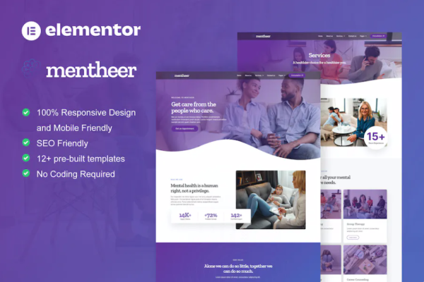 Mentheer – 心理健康疗法 Elementor Pro 模板套件-极客小站