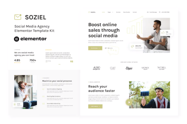 Soziel – 社交媒体代理 Elementor 模板套件-极客小站