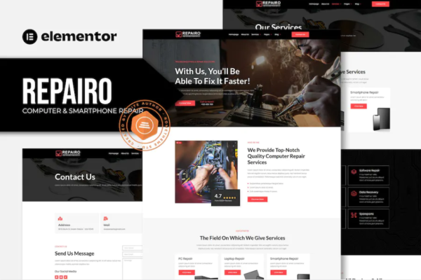 Repairo – 计算机和智能手机维修 Elementor 模板套件-极客小站