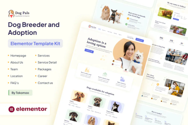 Dog Pals – 狗饲养员和收养 Elementor 模板套件-极客小站
