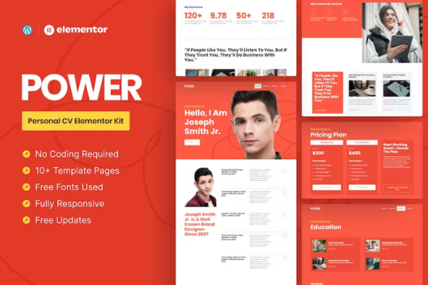 Power – 个人简历 Elementor Pro 模板套件-极客小站