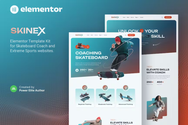 Skinex – 滑板教练和课程 Elementor 模板套件-极客小站