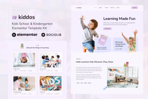 Kiddos – 学校和幼儿园 Elementor 模板套件-极客小站
