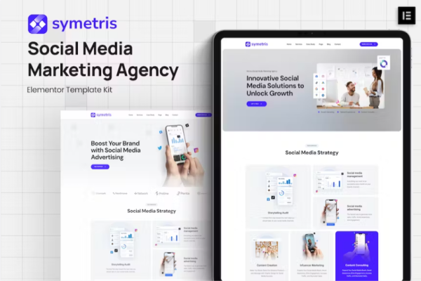 Symetris – 社交媒体营销机构 Elementor 模板套件-极客小站