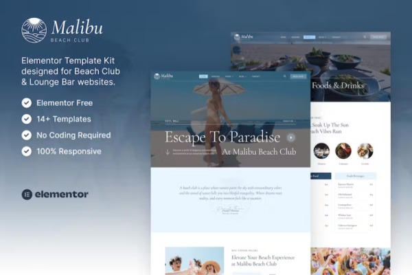 Malibu – 海滩俱乐部和酒廊酒吧 Elementor 模板套件-极客小站