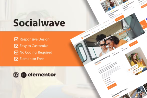 SocialWave – 社交媒体和数字营销服务 Elementor 模板套件-极客小站