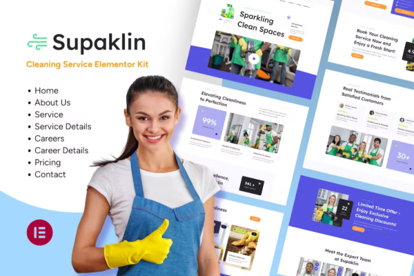 Supklin – 清洁服务业务 Elementor 模板套件-极客小站