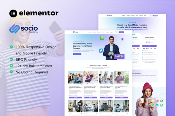 SocioAcademy – 社交媒体管理课程 Elementor 模板套件-极客小站