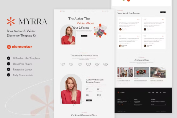 Myrra – 书籍作者和作家 Elementor 模板套件-极客小站