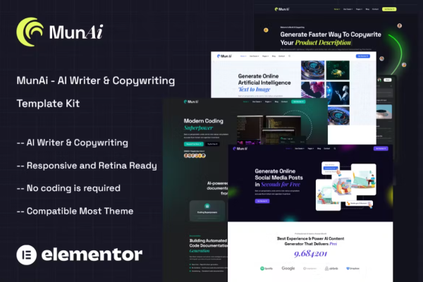 MunAi – AI 作家和文案应用程序 Elementor 模板套件-极客小站