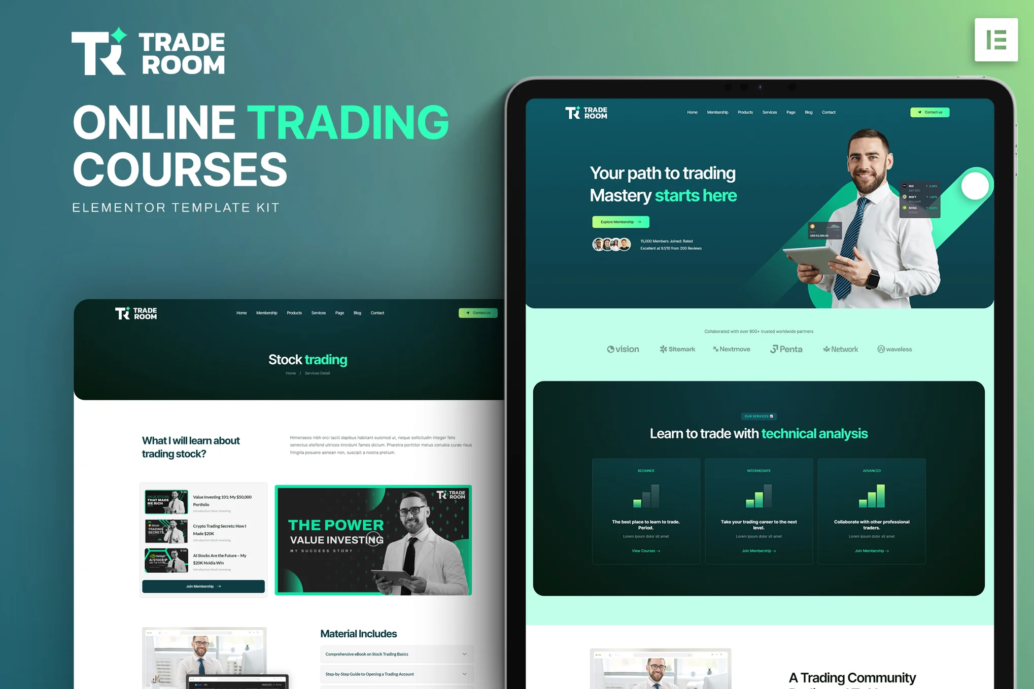 Traderoom – 在线交易课程 Elementor 模板套件-极客小站