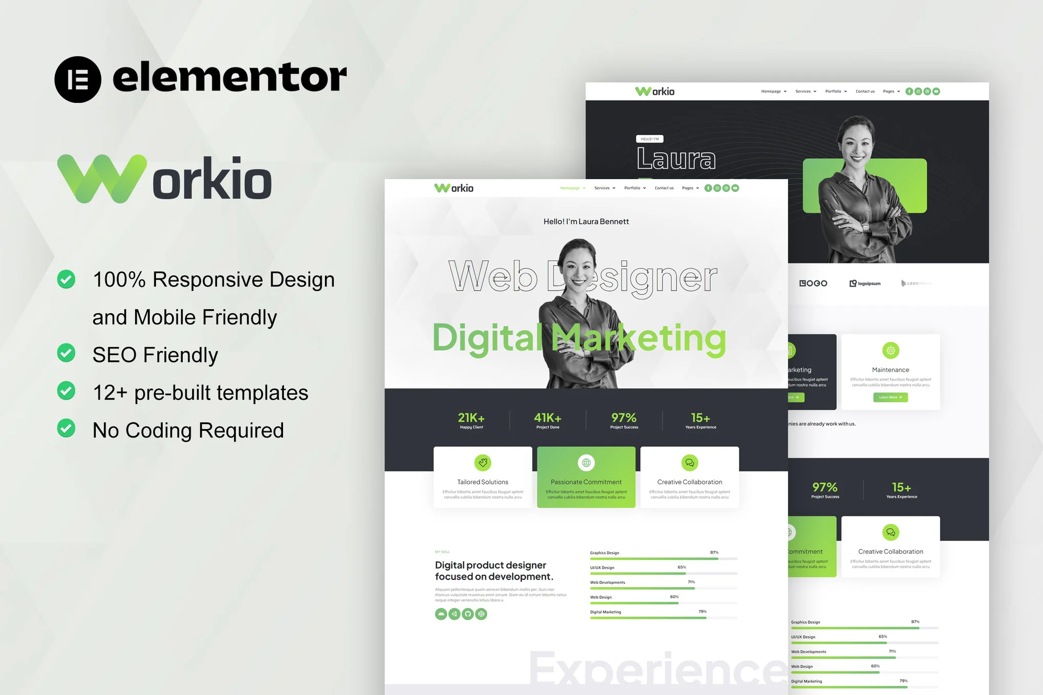 Workio – 数字服务和创意作品集 Elementor 模板套件-极客小站