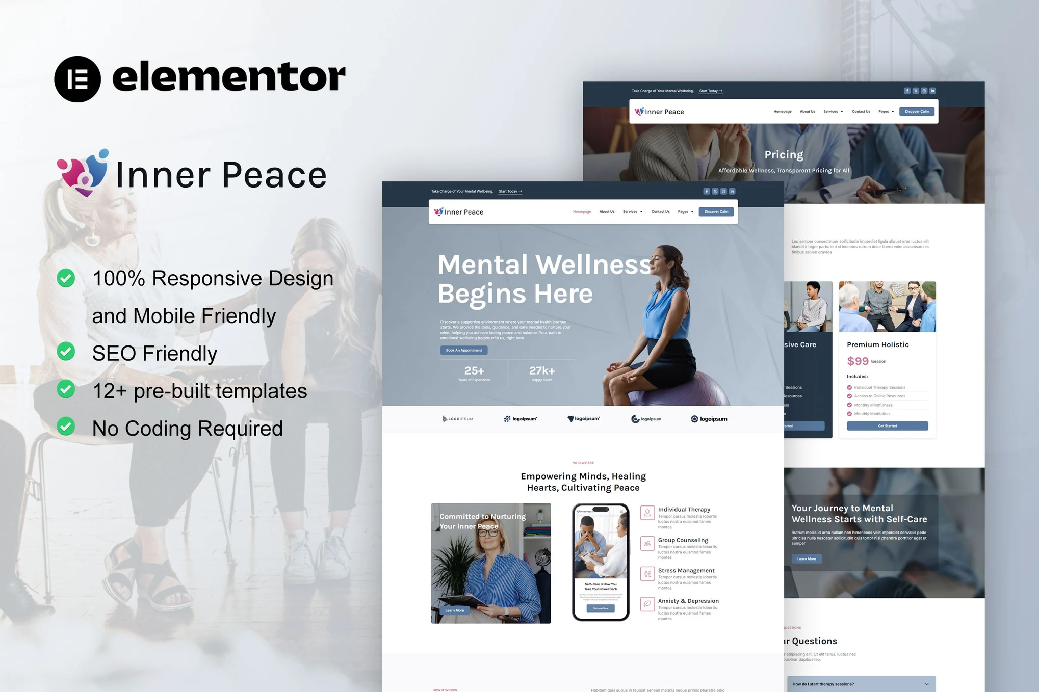 InnerPeace – 心理健康护理 Elementor 模板套件-极客小站