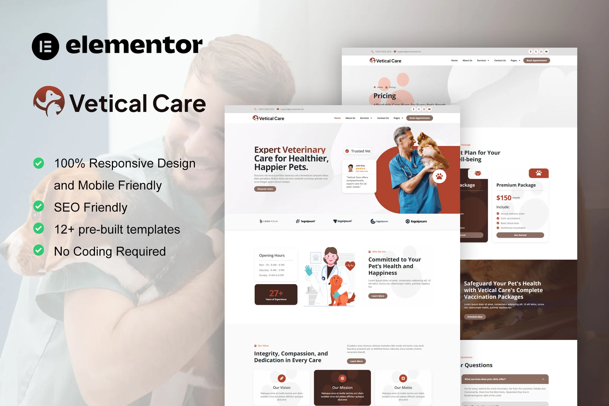 VeticalCare-兽医和宠物护理 Elementor Pro 模板套件-极客小站