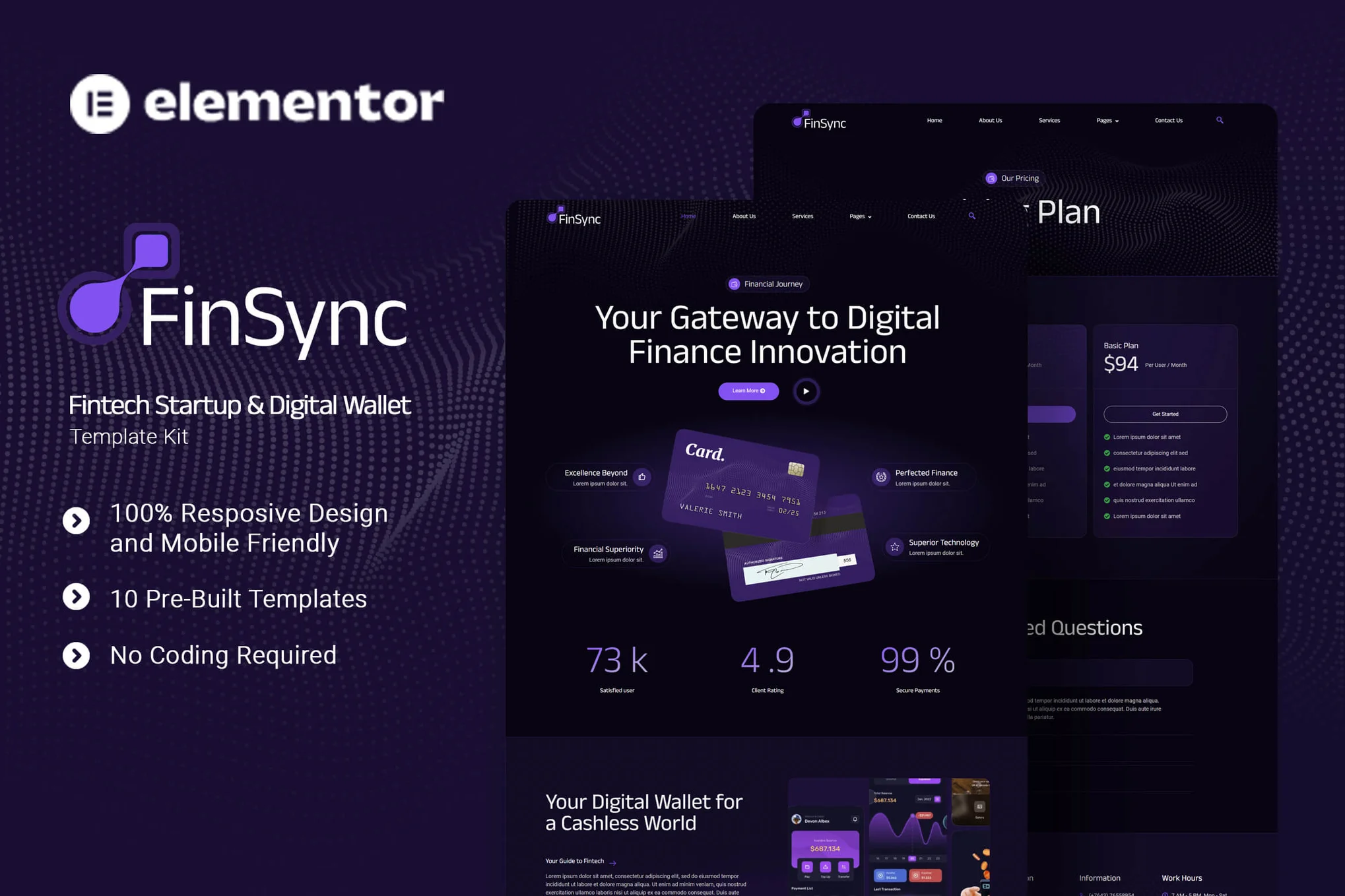 FinSync – 金融科技初创公司和数字钱包 Elementor 模板套件-极客小站