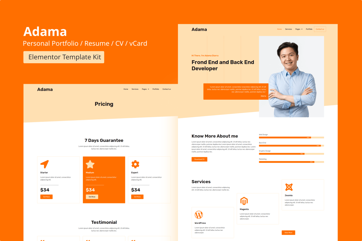 Adama – 个人档案袋和简历 Elementor Template Kit-myforexstore
